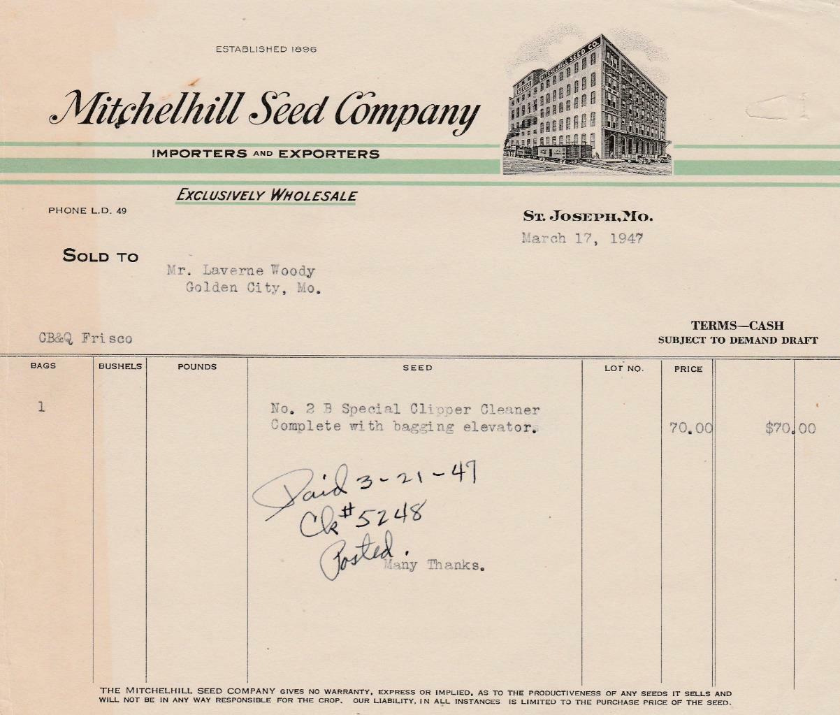 1947 Invoice Mitchelhill Seed Co. Importers & Exporters Wholesale St. Joseph, Mo