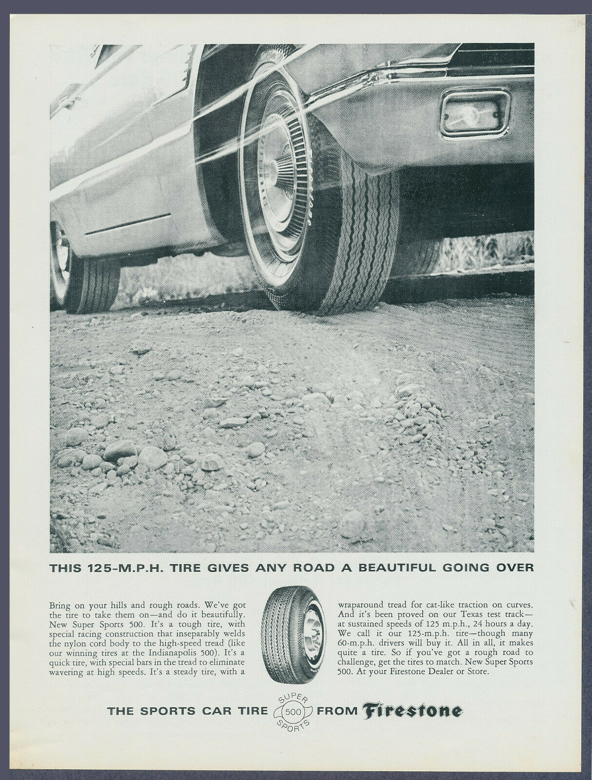 Firestone Super Sports 500 Tires Vintage Magazine Print Ad 1965