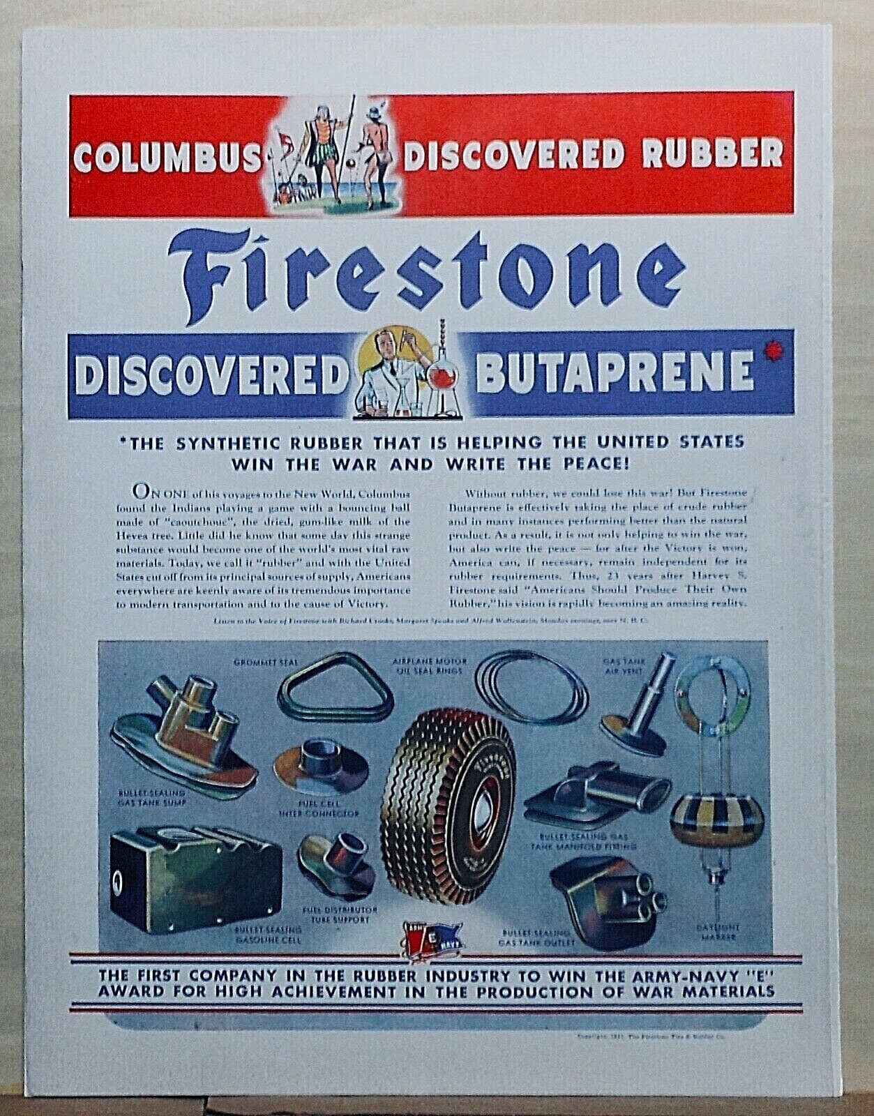 1943 magazine ad for Firestone Tires - Butaprene discovery synthetic rubber WW2