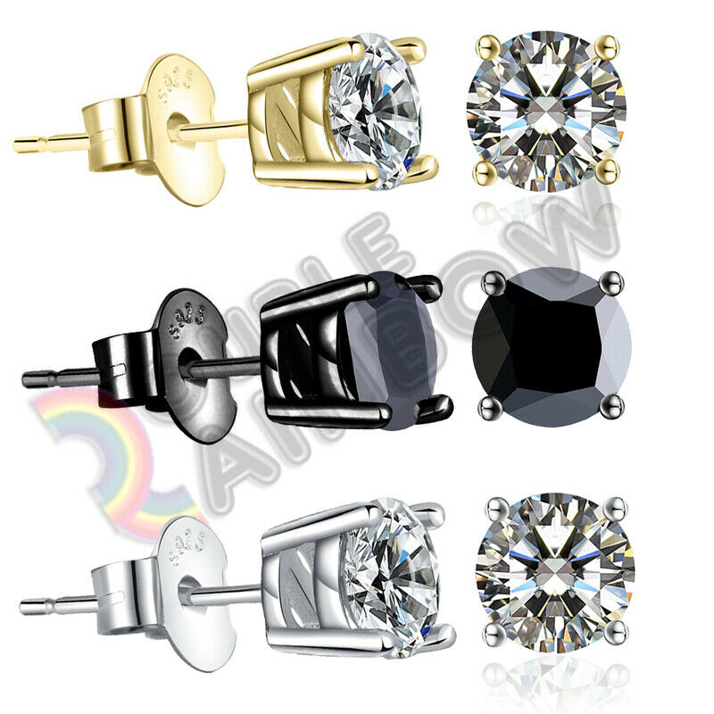 925 Sterling Silver Stud Earrings Men Women 3,4,5,6,7,8,10mm Diamond Round#213