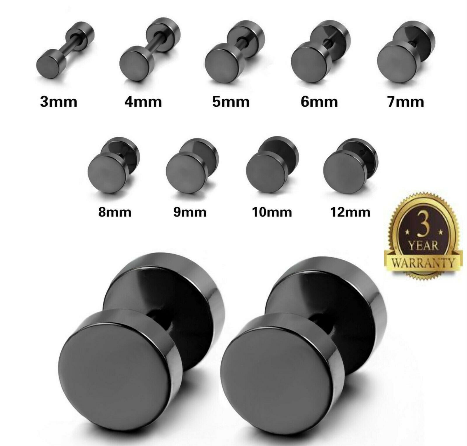 Men's Stainless Steel Studs Earrings Fake Ear Plug Pierced Black