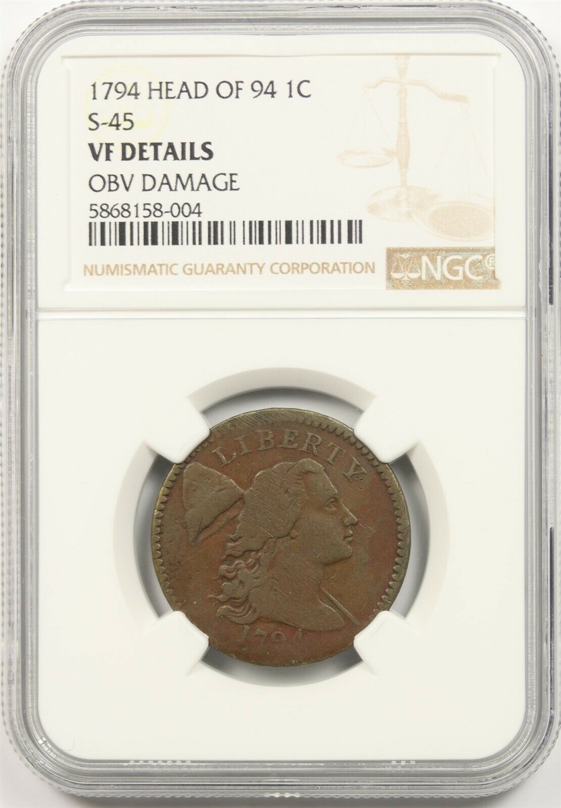 1794 Head Of 94 S-45 1c Vf Details (obv Damage) Liberty Cap Large Cent